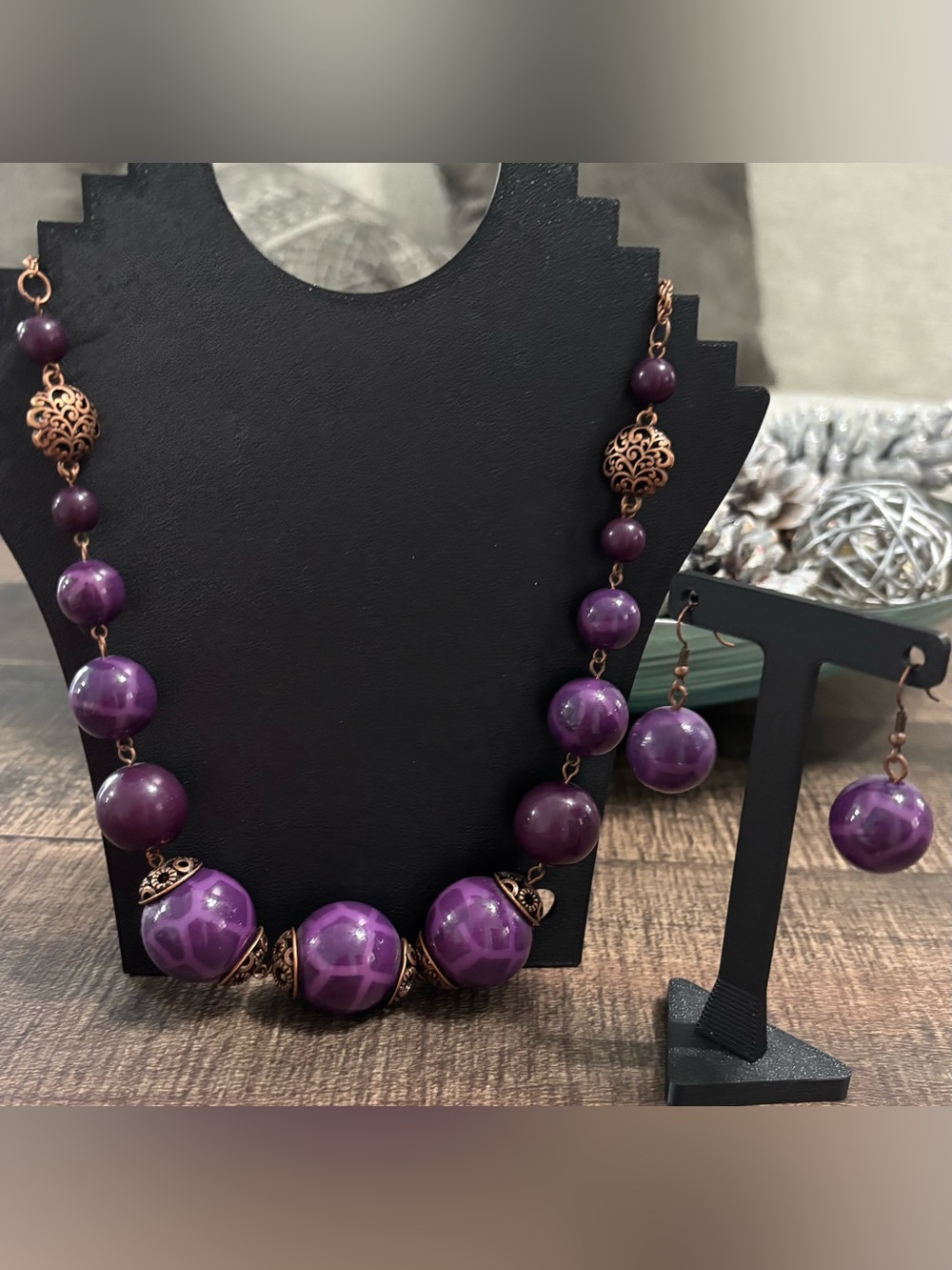 Purple Beaded Statement Necklace and Earrings Set